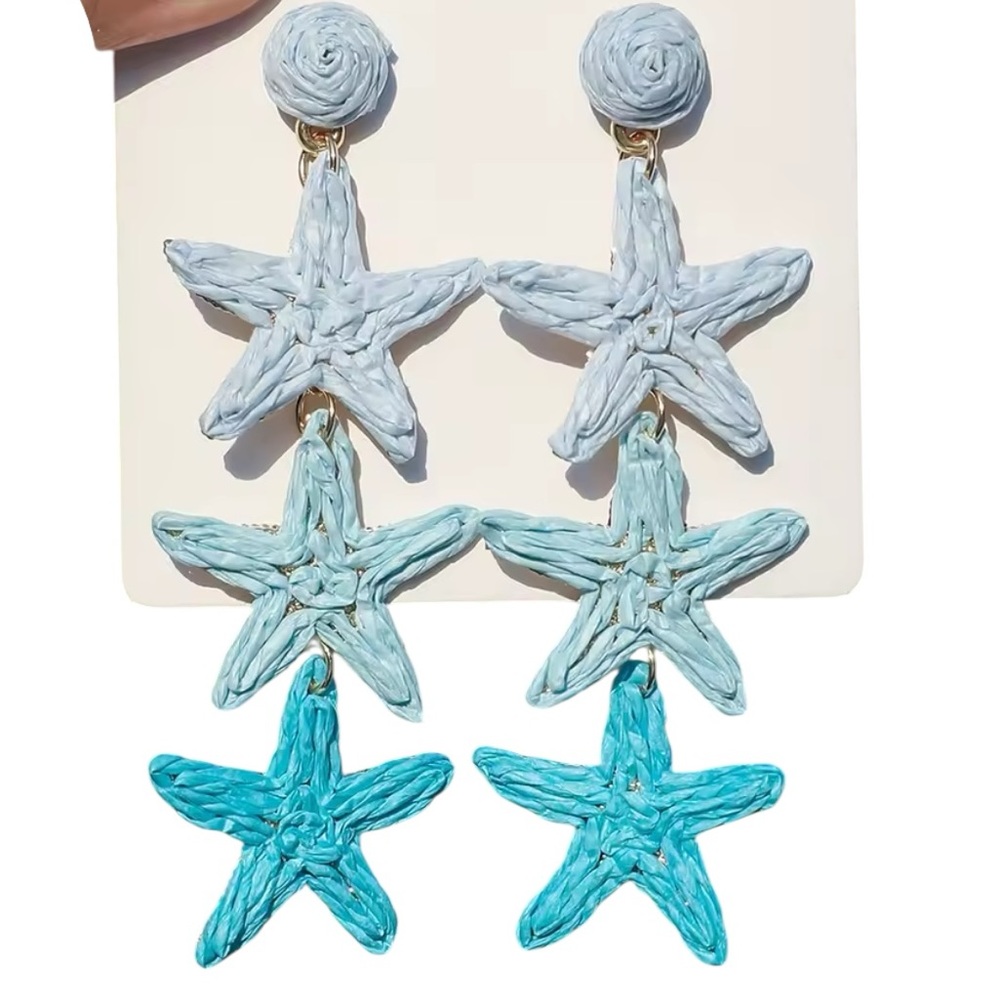 Raffia Starfish Tiered Dangle Earrings | Blue Ombre Boho Beach Tropical NWT
C3 - Picture 4 of 6